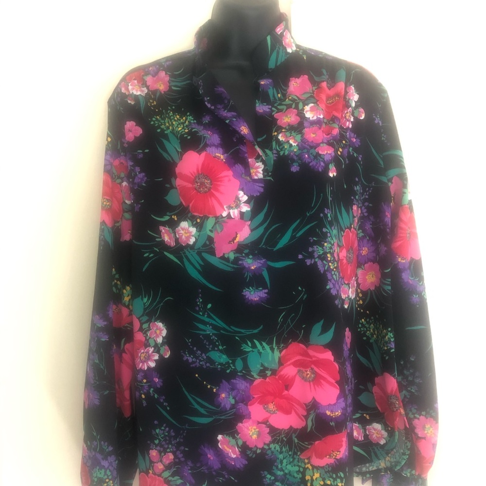 Vintage mandarin collar floral polyester long sleeved shirt